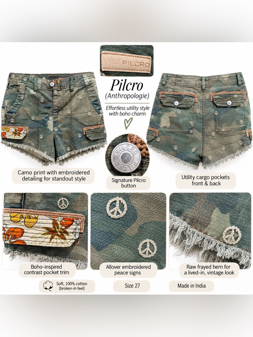 Pilcro Anthropologie Camo Peace Sign Embroidered Cargo Shorts 27 Boho CKB066 - Picture 4 of 16